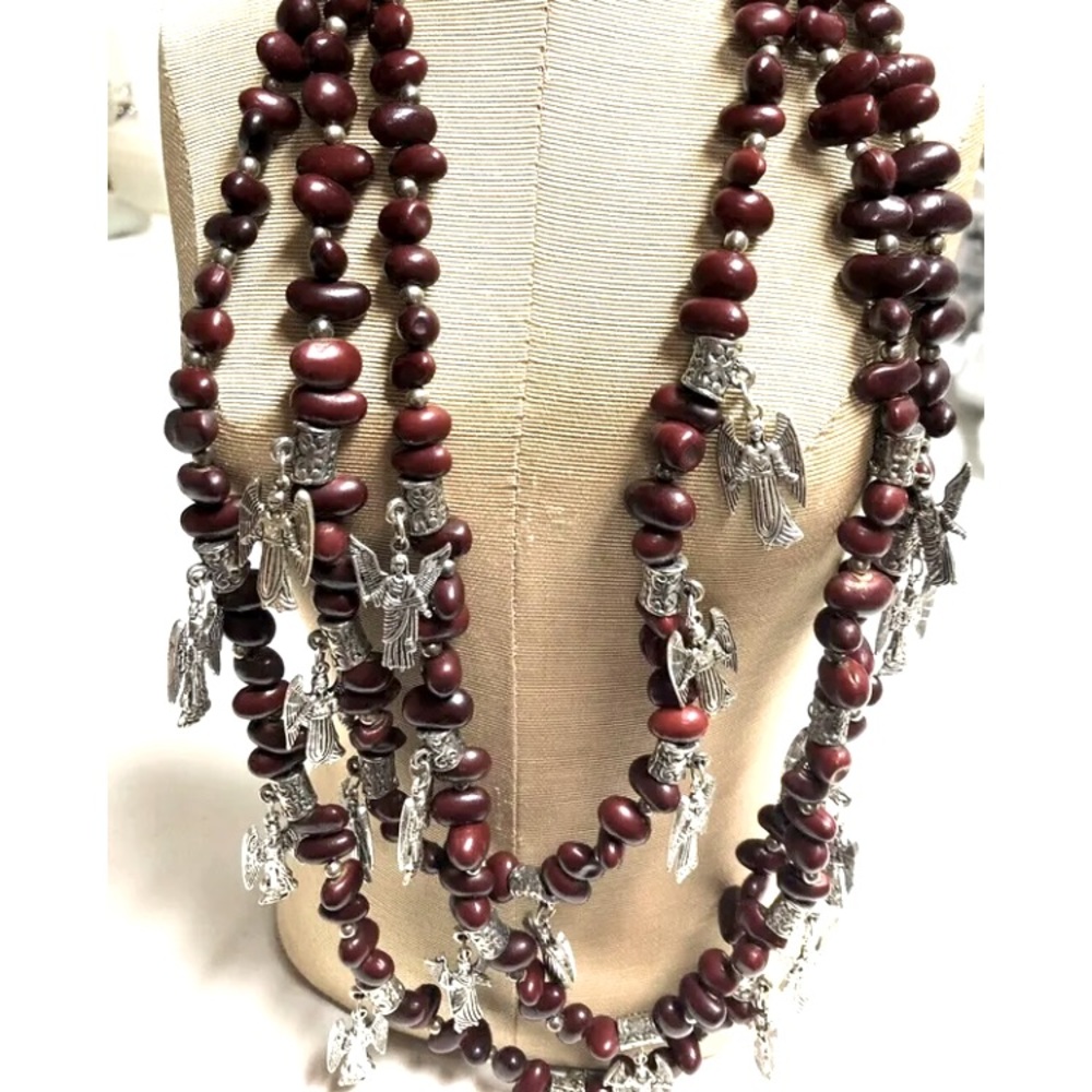 Southwest Style Cranberry Bead & ANGELS Chunky Necklace - Angel Names on Back